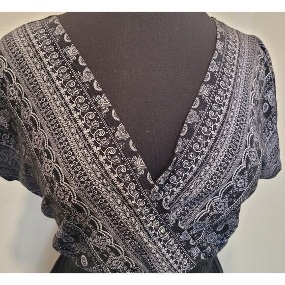 Boho V-Neck Empire Waist Blouse Black White Paisley Free People Style M - Picture 5 of 10